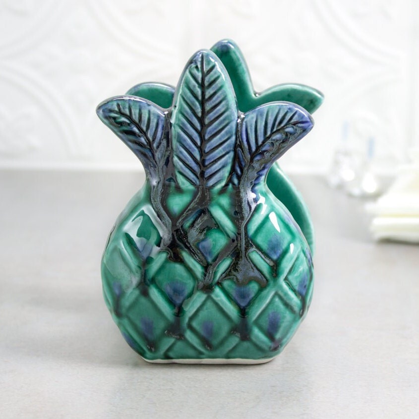 Porte-Serviette à L'ananas, Porte-Éponge, Menthe Tropicale Vert Bleu Argent Gris Céramique Poterie, 