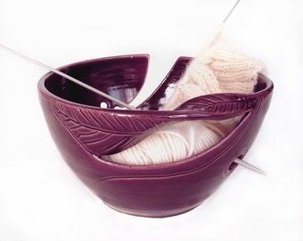 Large Yarn Bowl, Knitting Bowl, eggplant purple handmade ceramic bowl, crochet organizer, twisted leaf, handle yarn holder