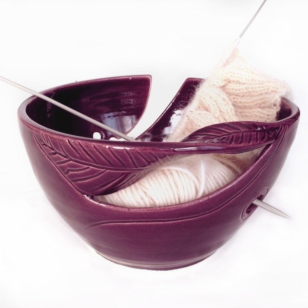 Large Yarn Bowl, Knitting Bowl, eggplant purple handmade ceramic bowl, crochet organizer, twisted leaf, handle yarn holder