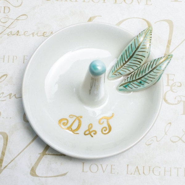 Initial Ring Dish, Personalized Custom Initials, Wedding Ring holder, Mother's Day gifts, ceramics ring cone, White gold green gift