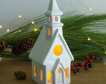 Tall White Church Candle Holder, ceramics lantern, clay house luminary, House Modern Decor, home gift ideas