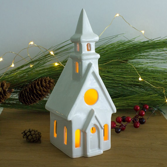 Christmas Village White Church Candle Holder, 8