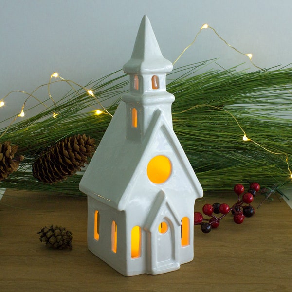 Tall White Church Candle Holder, ceramics lantern, clay house luminary, House Modern Decor, home gift ideas