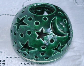 Green Celestial Candle holder, lantern, Boho Decor Bohemian Star Moon Candileria™, handmade Ceramics, gift for all