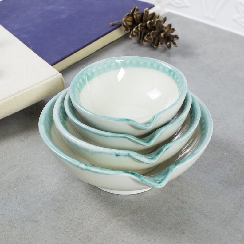 Nesting Ceramic bowls 4 Measuring Cups set, White Aqua green Handmade Prep Bowls Kitchen Hostess Gifts Home Decor Handmade Pottery 