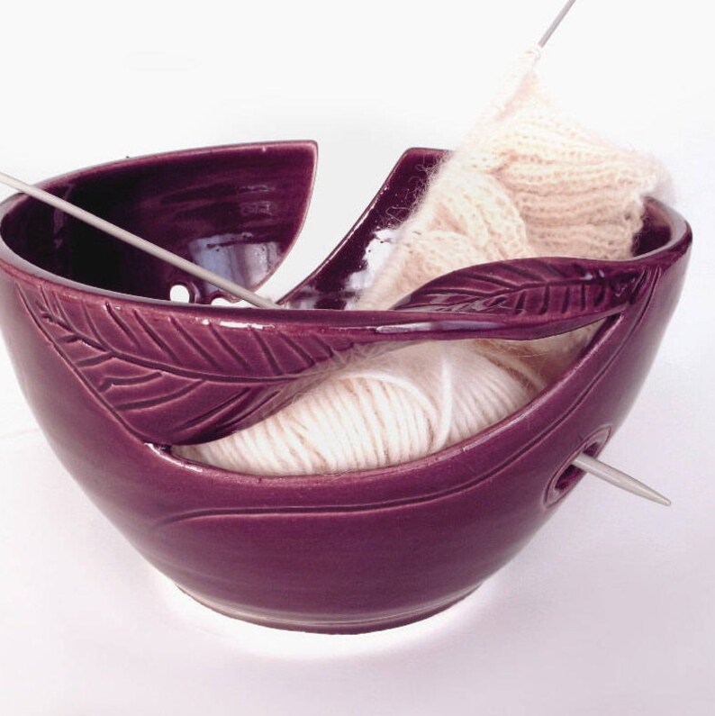 Knitting Yarn Bowl, handmade ceramics, Eggplant Purple with twisted leaves, crochet, knit, knitter gift MADE to ORDER for you image 1