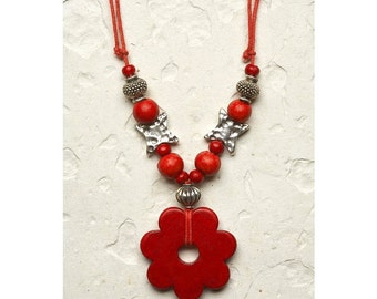 Red Flower power ceramic Necklace, Silver Beads, Adjustable porcelain daisy Necklace, modern boho pendant, daughter gift, for her