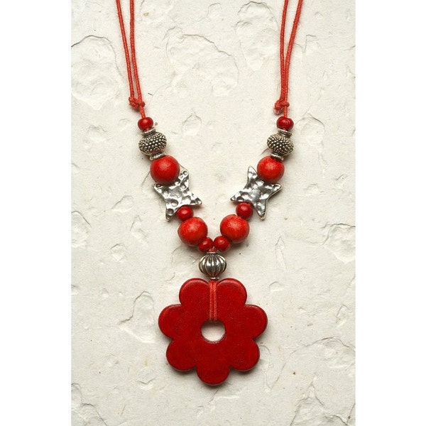 Red Flower power ceramic Necklace, Silver Beads, Adjustable porcelain daisy Necklace, modern boho pendant, daughter gift, for her