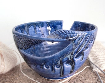 Cobalt Blue Yarn Bowl, knitting bowl, Ceramic Crochet Bowl, Handmade Pottery Vessel twisted Leaf Large Housewares - MADE TO ORDER