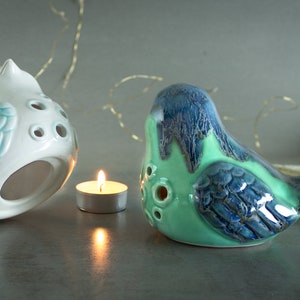 Bird Lantern, Candle Holder, love gift, Aqua Mint with blue feathers, large luminary, Spring Home decor, handmade ceramic gift image 4