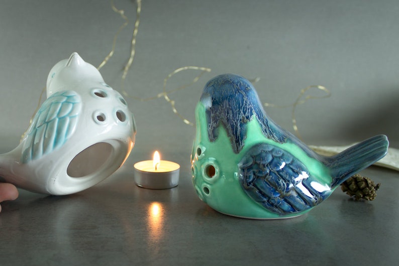 Bird Lantern, Candle Holder, love gift, Aqua Mint with blue feathers, large luminary, Spring Home decor, handmade ceramic gift image 4