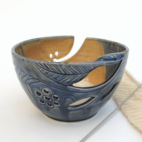 LARGE 8 1/2" Ceramic Yarn Bowl Winter Creek Blue Grey Highlights Knitting POTTERY twisted leaves Christmas stoneware gift ceramics In STOCK