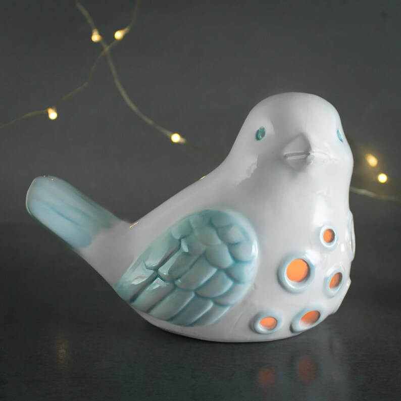 Bird Lantern, Candle Holder, love gift, Aqua Mint with blue feathers, large luminary, Spring Home decor, handmade ceramic gift image 5