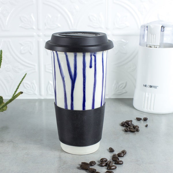 Ceramic Coffee Travel mug, blue drips BlueRoomPottery w black silicon lid / sleeve handmade pottery Kitchen gift for him her