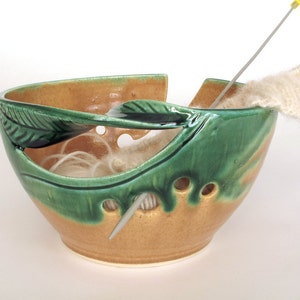 Large ceramics Yarn Bowl, Handmade pottery, Tropical Lime Green Orange Yellow twisted leaf, knitter gift