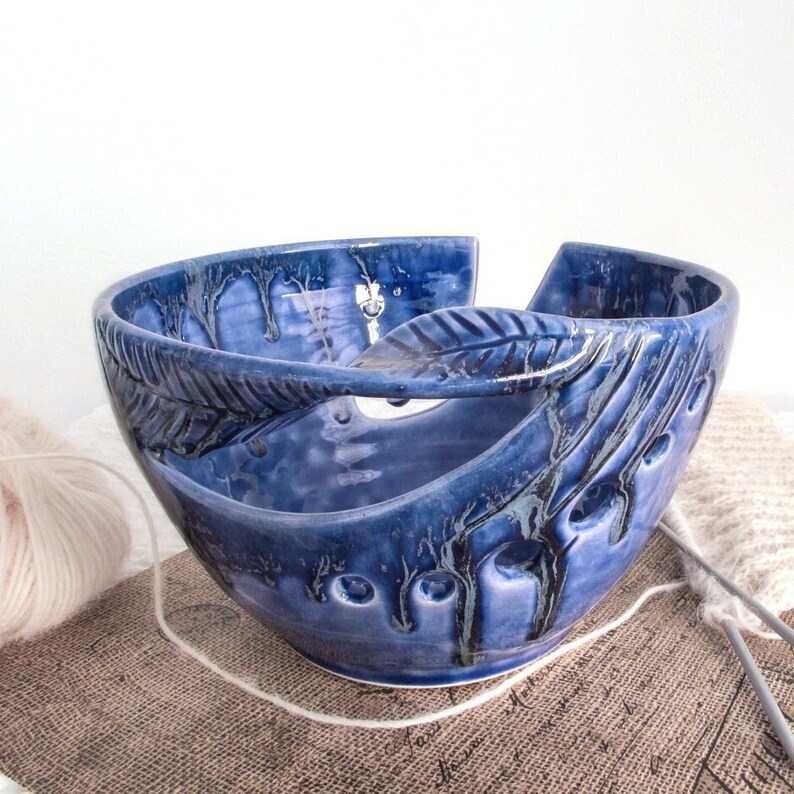 Cobalt Blue Yarn Bowl, knitting bowl, Large ceramic Crochet Bowl, Handmade Pottery bowl, twisted Leaf handle, knitter gift image 1