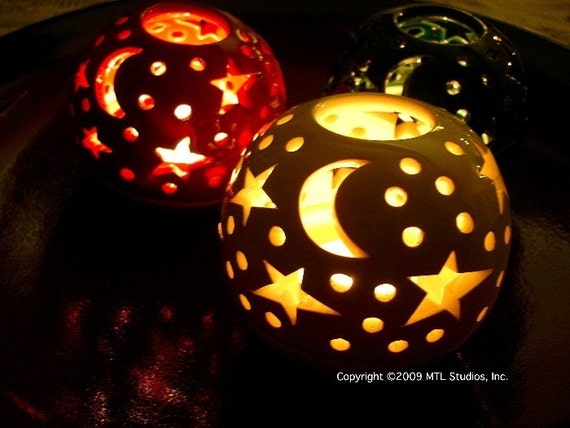 Handmade Ceramic White Candle Lantern, Star Moon Cutouts