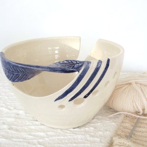 Ceramic Yarn bowl, yarn Holder, Knitting Bowl, handmade Pottery, modern White, blue twisted leaf, knitter gift, MADE TO ORDER image 3