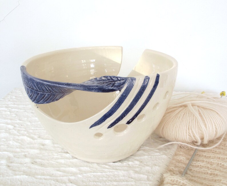 Ceramic Yarn bowl, yarn Holder, Knitting Bowl, handmade Pottery, modern White, blue twisted leaf, knitter gift, MADE TO ORDER image 3