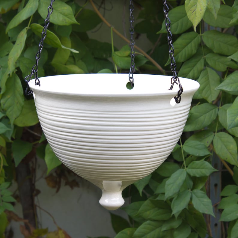 Ceramic Hanging Planter, Large modern white pottery Hanging planter, Garden Bowl, Wheel thrown flower pot, Gardener gift 6 weeks wait image 1