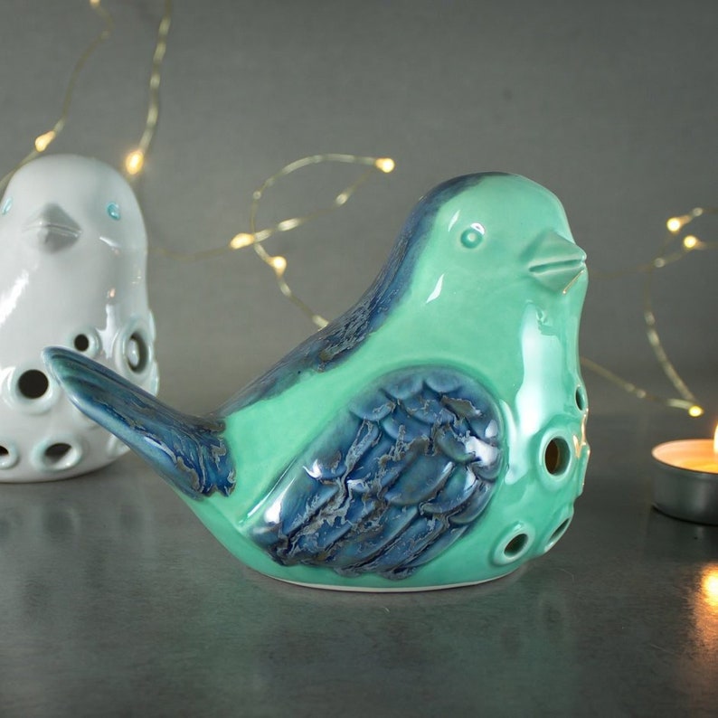 Bird Lantern, Candle Holder, love gift, Aqua Mint with blue feathers, large luminary, Spring Home decor, handmade ceramic gift image 1