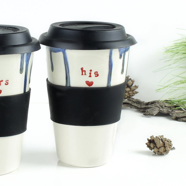 HERS & HIS ceramic Travel Mug, coffee cup, with Lid, 12-14 oz, to Go mug, White blue Red, heart, Love gift, for couple, fun gift ideas image 3