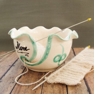 Ceramic Yarn Bowl, Mom or custom Name, Knitting Bowl, Wheel thrown Crochet Bowl, White Handmade Ceramics, knitter gift MADE TO ORDER image 5