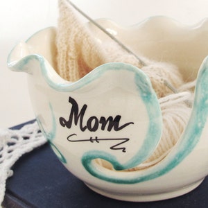 Ceramic Yarn Bowl, Mom or custom Name, Knitting Bowl, Wheel thrown Crochet Bowl, White Handmade Ceramics, knitter gift MADE TO ORDER image 2
