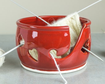 Red Heart Yarn bowl, Knitting Bowl, Yarn holder, Crochet Bowl, Modern Red, Storage Organizer knitter gift, Mother's Day  - Made to order