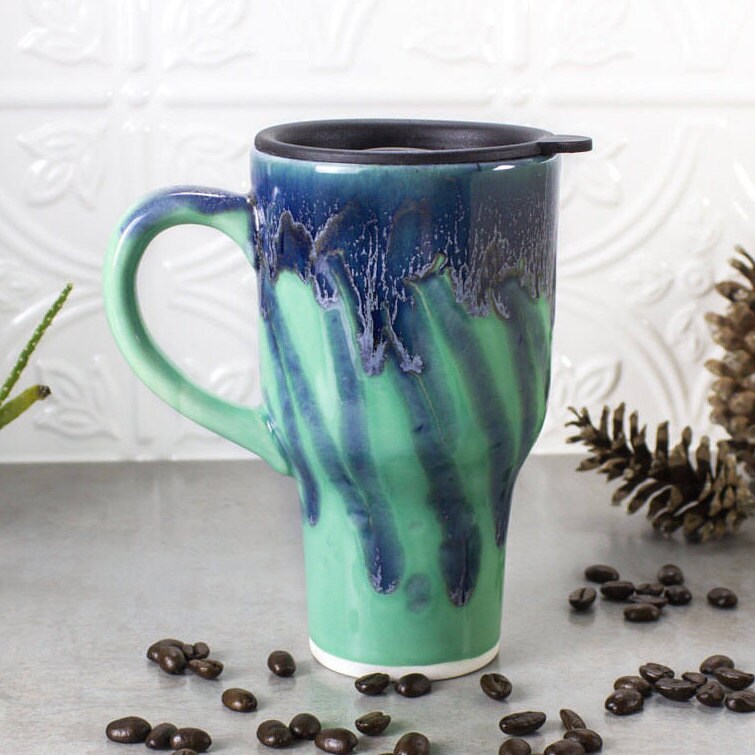 Céramique Réutilisable Tasse de Voyage W Poignée, Cadeau Écologique Menthe Vert Bleu, Couvercle Noir