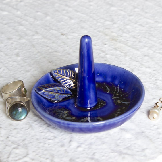 Cobalt Blue Ring Holder, Personalized Initial Ring Dish, Gold Painted Leaves, Jewelry Storage, Bridal Shower Gift