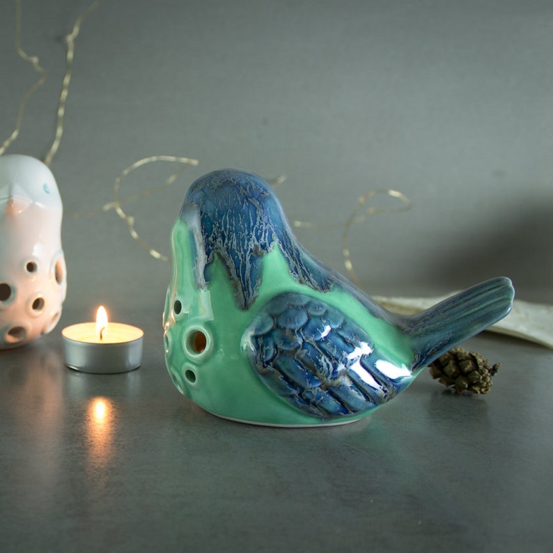 Bird Lantern, Candle Holder, love gift, Aqua Mint with blue feathers, large luminary, Spring Home decor, handmade ceramic gift image 2