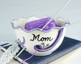 Yarn Bowl Personalized Custom crafty mom gift Ceramic Any Name Knitting Holder Crochet organizer storage White BlueRoomPottery