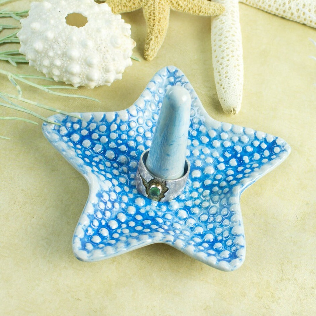 Turquoise Teal Starfish Ring Holder Bowl, Ceramics Ring Dish, Handmade