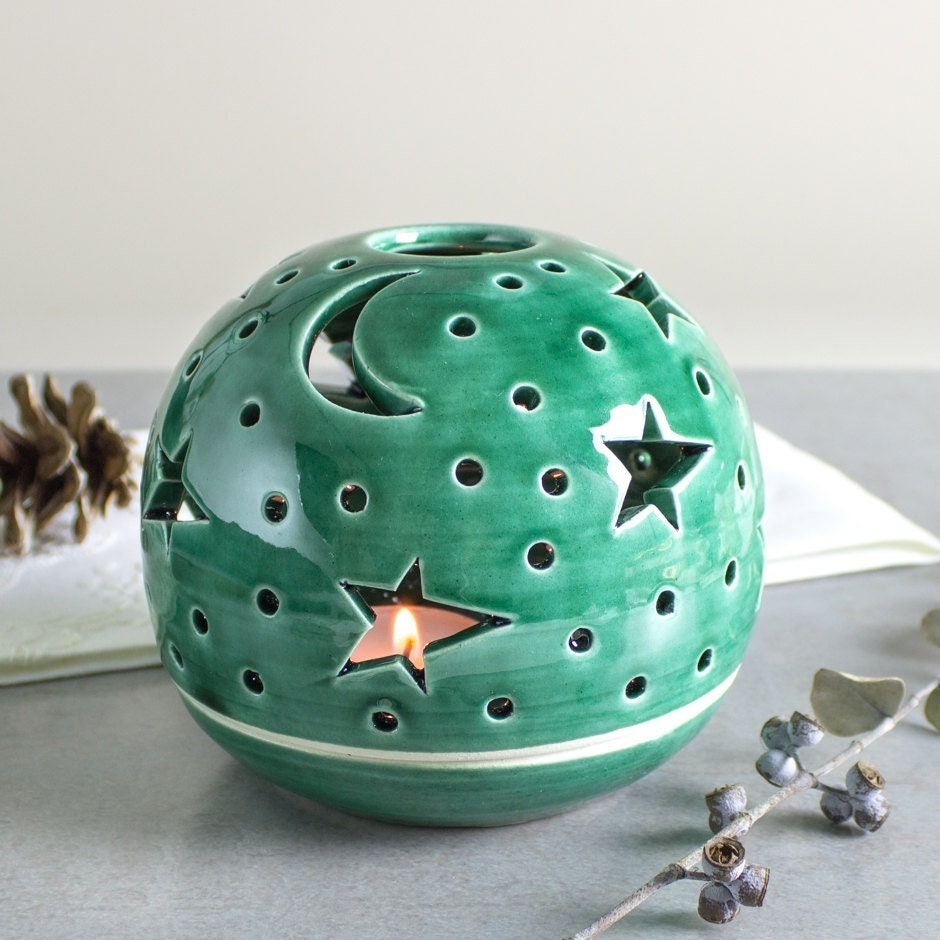 Lanterne Céleste Stars Moon Bougeoir, Vert Émeraude, Idées Cadeaux de Noël, Décor Luminaire Boho, La