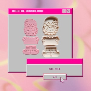 May include: Pink cookie cutters in the shape of a girl with a hat, a blank sign, and boots. The image is a digital download with the text "DIGITAL DOWNLOAD" at the top and "STL FILE" and "Yes" at the bottom.
