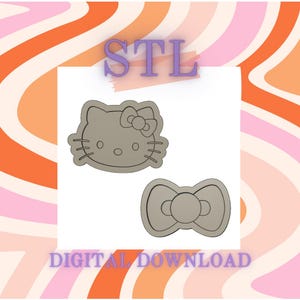 May include: STL digital download file for a 3D printed cookie cutter in the shape of a Hello Kitty face and a bow.