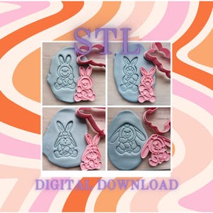 May include: Two sets of cookie cutters in the shape of a bunny rabbit. The cutters are pink and are shown pressed into gray modeling clay. The image includes the text "STL" and "DIGITAL DOWNLOAD".