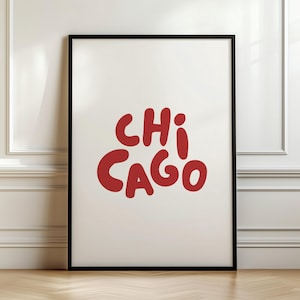 Chicago retro muurkunst | Rode typografie digitale print | Vintage stadsposter | Minimalistisch Chicago-decor | Staat Illinois | Direct downloaden