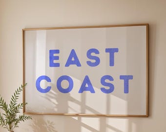Impresión de la costa este, decoración de vaquera costera, tipografía azul, arte de pared, estética playera de moda, descarga digital, póster, arte costero bohemio imprimible