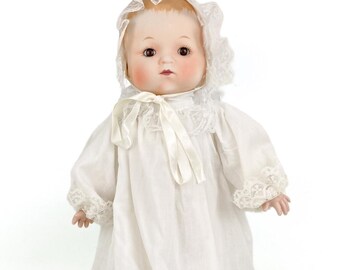 Vintage Christening Gown & Bonnet Baby Doll W/Stand Soft Body Porcelain Head 14"