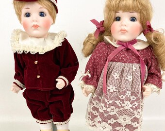 Vintage Porcelain Dollmascot Dolls Boy & Girl W/Stands 10" High