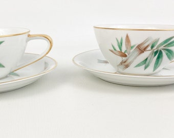 Vintage Noritake Canton Tea Cups & Saucers (2 Sets) Bamboo W/Gold Trim 1950's