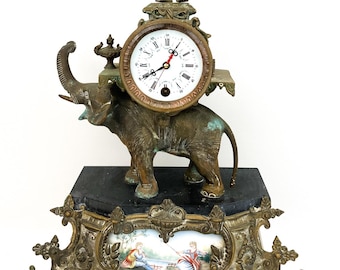 Vintage Bronze Elephant And Flute Player Muse Mantle Clock AS IS~Parts