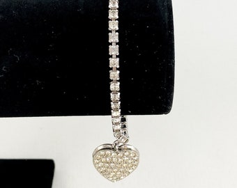 Bellini Silver Tone Rhinestone Heart Bracelet/Anklet Signed 7.5" Sparkling!