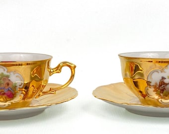 Vintage Leni Parbus Fragonard Porcelain Gold Courting Couple Tea Cups & Saucers 2 Sets