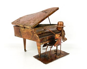 Vintage Copper Tin Wind-Up Piano Man MUSIC BOX Grand Piano~Plays "Impossible Dream"