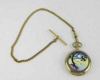 Vintage Russian Chaika Hand Painted Porcelain Pocket Watch Quartz With Chain