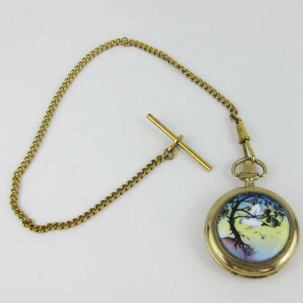 Vintage Russian Chaika Hand Painted Porcelain Pocket Watch Quartz With Chain