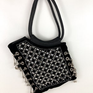 Bolso de hombro/cartera con asa superior de piel de terciopelo negro con cristales de imitación y negro y plateado
